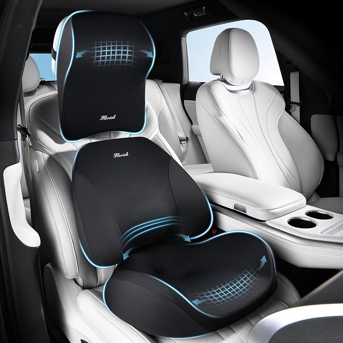 FLORICH Upgraded 3-in-1 Memory Foam Car Seat Cushion Set with Lumbar Support & Neck Pillow, Washable Driving Seat Cushion for Back & Sciatica Pain Relief, Non-Slip Seat Cushion for Car, Office-Black