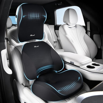 FLORICH Upgraded 3-in-1 Memory Foam Car Seat Cushion Set with Lumbar Support & Neck Pillow, Washable Driving Seat Cushion for Back & Sciatica Pain Relief, Non-Slip Seat Cushion for Car, Office-Black
