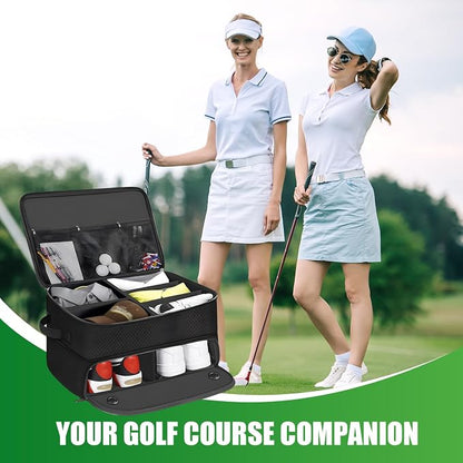 Golf Trunk Organizer 2 Layer with Separate Compartment for 2 Pair of Shoes, Golf Bag Storage for Car, Waterproof,Trunk Locker for Balls, Tees,Gloves
