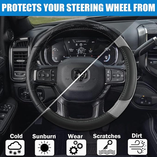 Steering Wheel Cover for Dodge 1989-2011 RAM 1500 2500 3500, Charger, Durango, Challenger - Rugged Durability & Interior Upgrade for Dodge 14.5-15 inch (Gray-Standard Size)