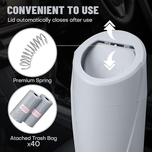 Car Trash Can Bin with Lid - 2 Packs Car Garbage Can Cup Holder - Grey Mini Leakproof Vehicle Garbage Bin with 40pcs Trash Bags-Automotive Organizers and Storage for Front Back Seat Accessories