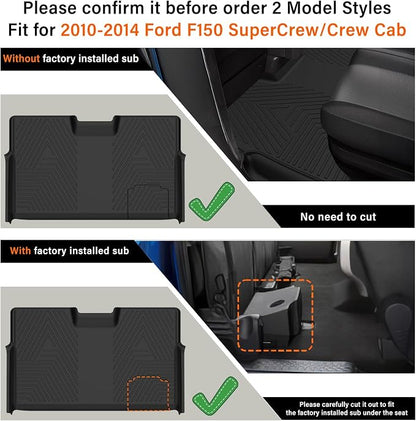 All Weather Floor Mats for 2010-2014 Ford F150 SuperCrew/Crew Cab with 1st Row Bucket Seat, TPE Rubber Floor Liners Anti-Slip Full Set Automotive Mats for 2014 F150 Accessories