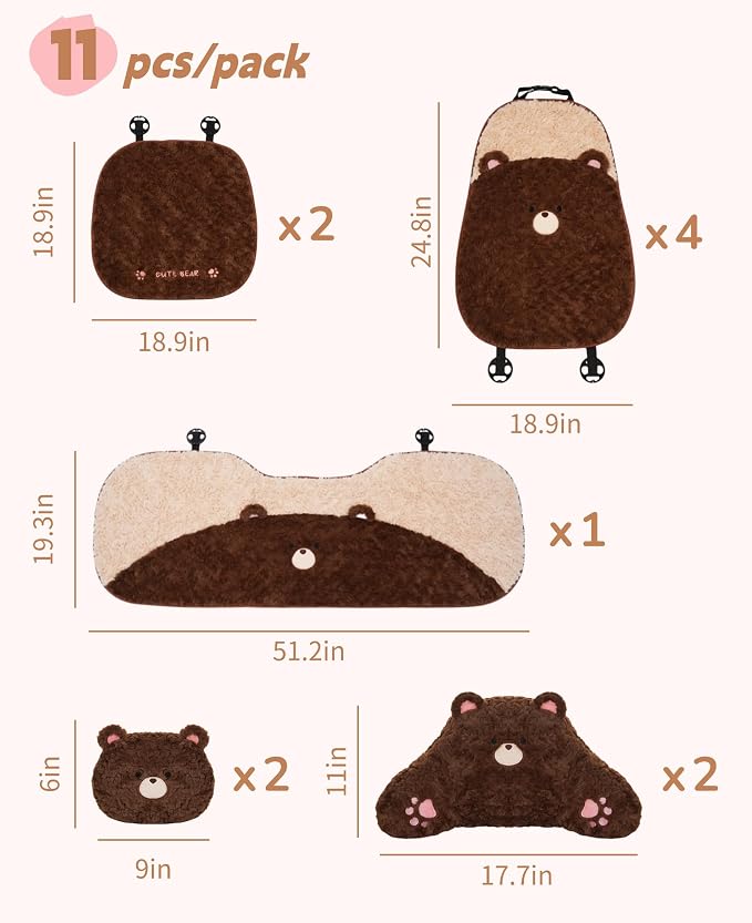 Cute Fluffy Bear Car Seat Cushions Covers Front and Rear Seat Pads Full Set 11PCS for 5 Seats, Winter Warm Automotive Interior Accessories for Cars SUV, Truck, Pickups (Brown Bear - 11pcs)