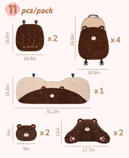 Cute Fluffy Bear Car Seat Cushions Covers Front and Rear Seat Pads Full Set 11PCS for 5 Seats, Winter Warm Automotive Interior Accessories for Cars SUV, Truck, Pickups (Brown Bear - 11pcs)