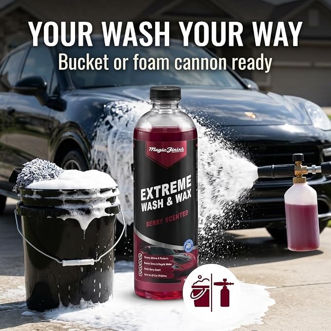 Magic Finish Extreme Berry Car Wash Soap & Wax – Multi-Surface Protective Formula for High-Gloss Shine – Hydrophobic 3-in-1 Formula for Streak-Free Cleaning – 16oz Concentrated Car Soap Wash and Wax