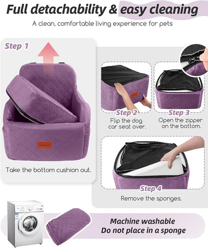Lealchum Dog Booster Car Seat for Small/Medium Dogs,Puppy Portable Car Bed with Elevated Cushion,Fully Detachable and Washable,2 Storage Pockets,Easy to Install (Purple, Medium)