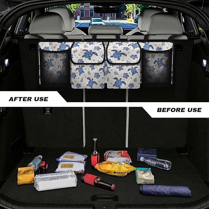 Turtle Car Backseat Organizer Florals Collapsible Cars Storage Bag with 4 Pockets Foldable Vehicle Interior Cargo Organizer Accessories Universal Fit for Cars SUV Sedans
