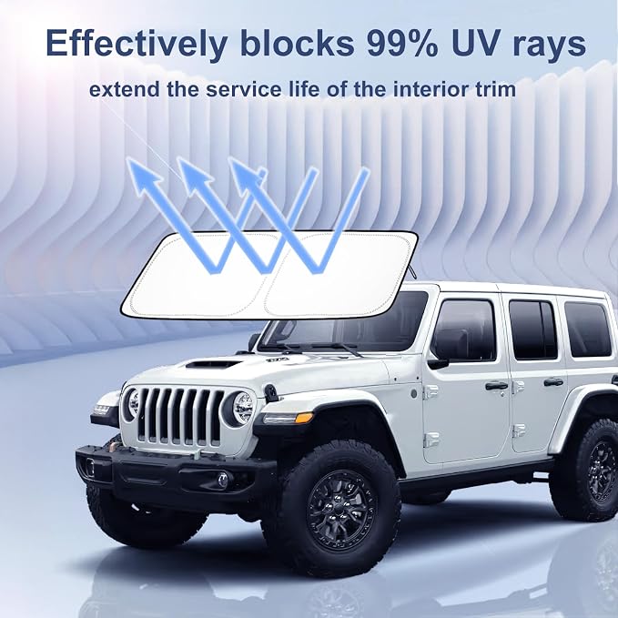Windshield Sun Shade for 2018-2026 Jeep Wrangler JL JLU & 2020-2026 Gladiator JT, 310T Polyester Foldable Front Window Shade Cover, Full Coverage UV Heat Blocker, Keep Interior Cool