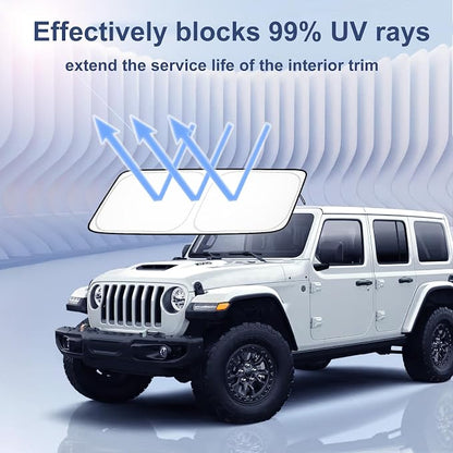 Windshield Sun Shade for 2018-2026 Jeep Wrangler JL JLU & 2020-2026 Gladiator JT, 310T Polyester Foldable Front Window Shade Cover, Full Coverage UV Heat Blocker, Keep Interior Cool