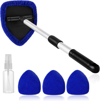 Qydipclin 11pcs Windshield Cleaner Tool, Car Window Cleaning Wash Kit with 6 Reusable Microfiber Pads 2 Spray Bottles and Extendable Handles Auto Glass Wiper Kit, Blue