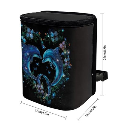 Talayituse Dolphin Flower Heart Print Car Trash Can with Lid, Leak Proof Auto Trash Bag Hanging Vehicle Garbage Can Multipurpose Storage Container for Back Seat Road Trip