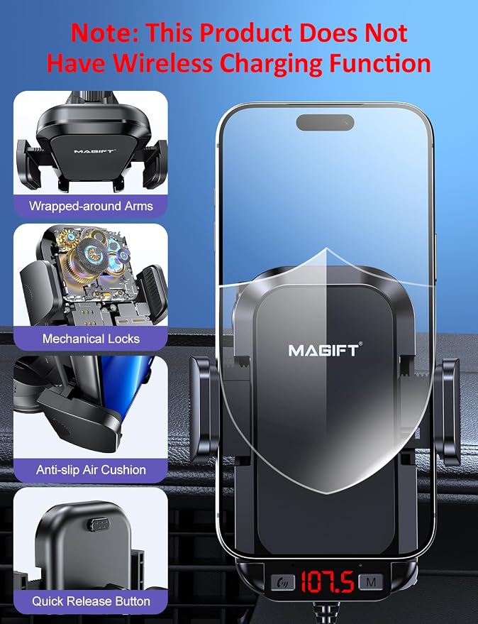 Bluetooth Car Adapter | with Phone Holder, PD 48W Fast Charging, Strong Microphone, HiFi Bass Sound, Hands-Free Call, Support USB/TF Drive