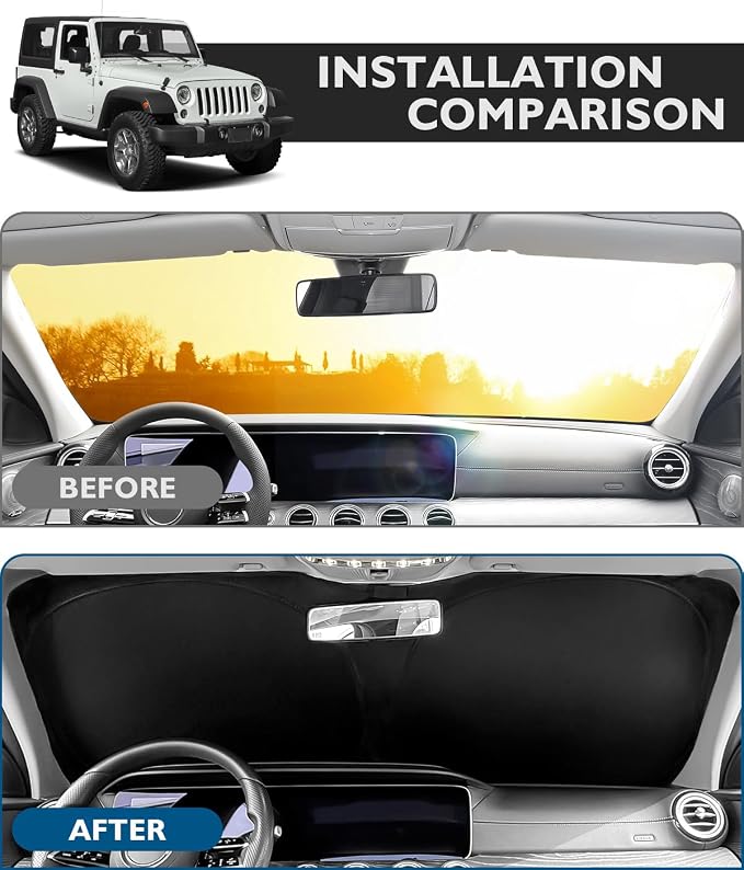 BIBLOZ Windshield Sun Shade for Jeep Wrangler TJ JK JL & 2020-2025 2026 Jeep Gladiator Foldable Accessories with Storage Pouch PET Reflective Material Sunshade Keeps The Car Cool Inside