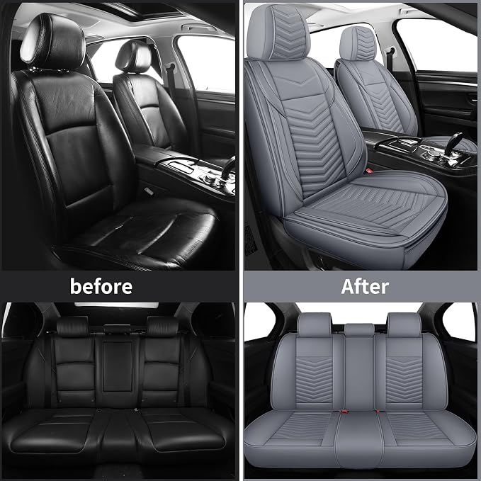 HChengkikz Nappa Leather Car Seat Covers Full Set, Gray Car seat Protector 5 Seats, Waterproof Car Seat Cushion, Universal Automotive Seat Covers Fit for SUV Truck Pick-up Sedan, Front and Rear