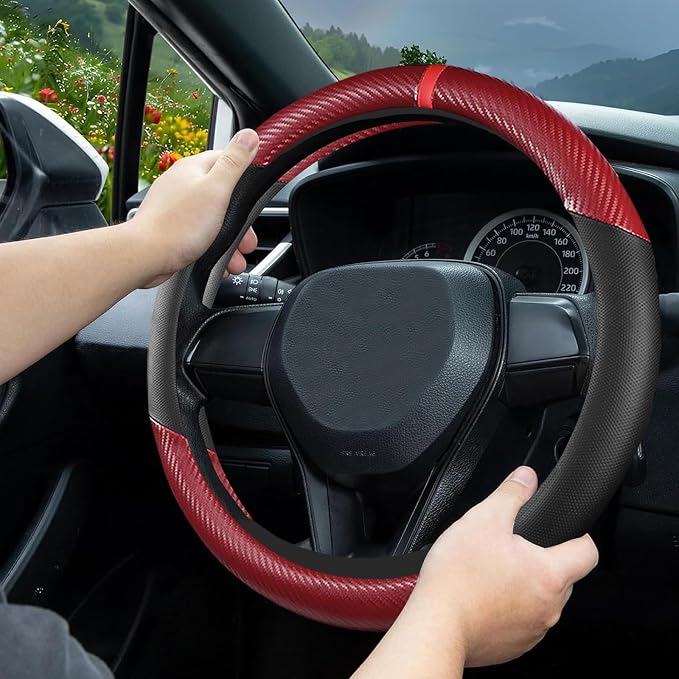 Black & Red Carbon Fiber Leather Steering Wheel Cover, 14.5-15 Inch Non-Slip Breathable Microfiber Leather Car Steering Wheel Protector for Men Women
