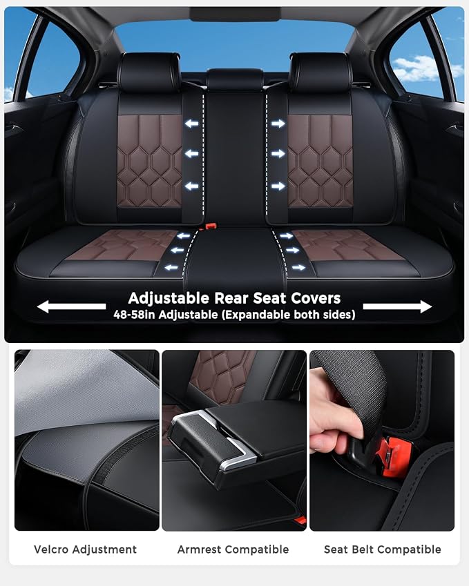 Huidasource Seat Covers Full Set, Universal Fit for Most Cars SUVs Trucks, Full Coverage Leather Seat Cover, Airbag, Cupholder Compatible, Seat Function Retain, Easy Install with Velcro, Black&Coffee