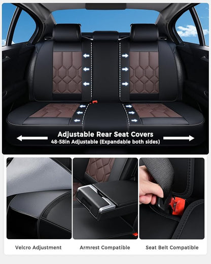Huidasource Seat Covers Full Set, Universal Fit for Most Cars SUVs Trucks, Full Coverage Leather Seat Cover, Airbag, Cupholder Compatible, Seat Function Retain, Easy Install with Velcro, Black&Coffee
