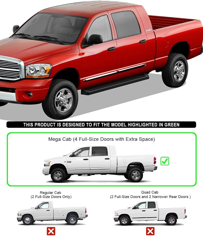 APS Black Running Boards Style Compatible with Dodge Ram 1500 2006-2008 Mega Cab & Ram 2500 3500 2006-2009 (Nerf Bars Side Steps Side Bars)