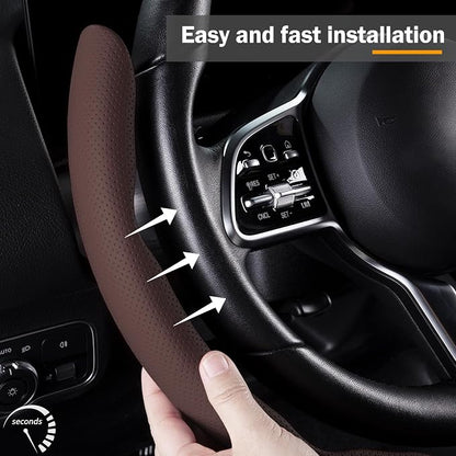 Car Steering Wheel Cover Leather Snap On 3Pcs Set Non-Slip Protector Wrap Steering Wheel Accessories 14.5-15 inch Universal Brown