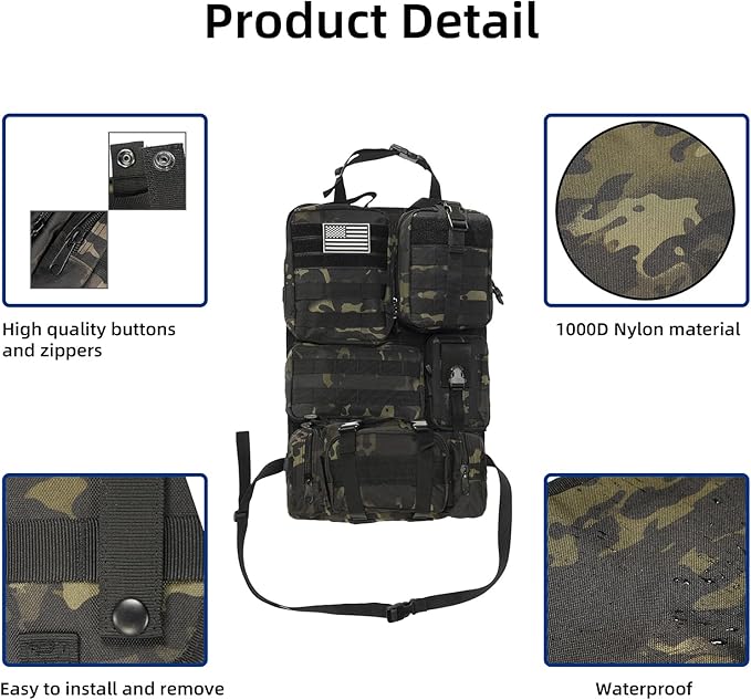 Tactical Car Seat Back Organizer,Tactical Molle Seat Back Organizer with 6 Detachable Molle Pouch,Universal Fits for Car Truck Jeep Vehicle