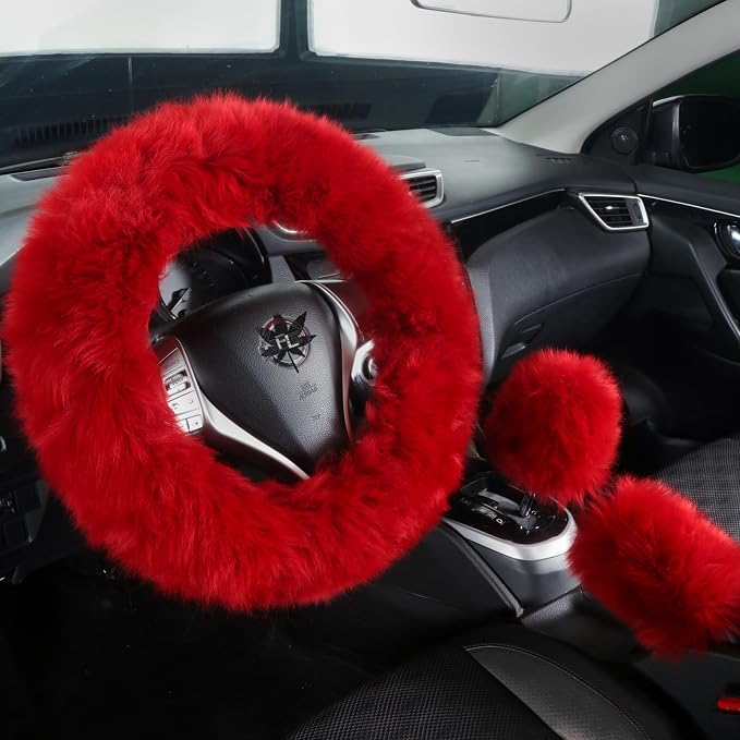 Fuzzy Genuine Sheepskin Steering Wheel Cover Set for Women Parents-Fluffy Soft Australian Merino Wool Wrap with Gear Shift and Hand Brake Covers, Cozy Stylish Luxury Car Accessories (Red)