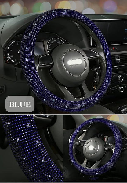 Bling Steering Wheel Cover Blue for Men Car, 15 Inch Universal with Blue Crystal Rhinestone Diamond Cool Bling Accessories Anti-Slip Wheel Protector Black