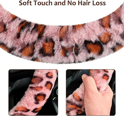 Accmor Fuzzy Steering Wheel Cover, Universal Fit Fur Car Wheel Cover & Handbrake Cover & Gear Shift Cover Set for Women Girls, Leopard Winter Warm Fluffy Vehicle Wheel Protector for Auto, SUV (Pink)