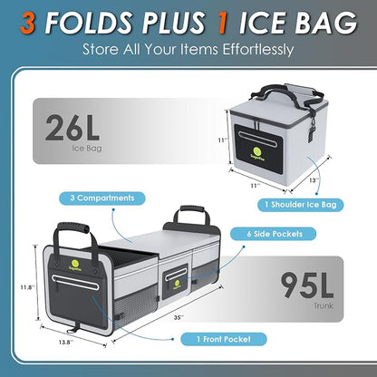 SugarFox 95L Car Trunk Organizer & Storage With 26L Ice Pack, Waterproof Foldable | Trunk Organizers for SUVs & Cars, Car Storage Organizer, Great Gift for Drivers (Gray-M004)