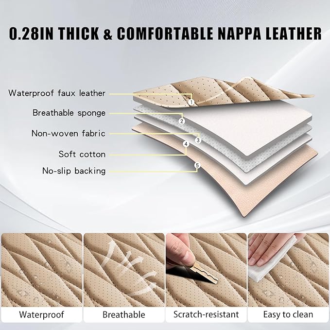 WELLDO Nappa Faux Leather Car Seat Covers Full Set, 5Seats,Beige | Waterproof, Non-Slip Seat Protector, 0.28in Thickened Cushion, Airbag Compatible, Universal for Cars SUV Truck Pickup