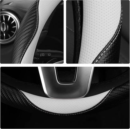 HighnessHwoo Car Steering Wheel Covers for Women Padded Carbon Fiber PU Leather Cute Auto Interior Accessories for Vehicle, Sedan, Universal, Anti Slip, White, Standard Size, 14.75-15.15in