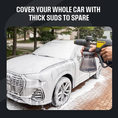 Active Foam Cannon with ¼ inch quick connector for Electric and Gas Pressure Washers. Wide-mouth bottle and variable spray to generate thick snow foam spraying for home DIY car wash & detailing (JH70)