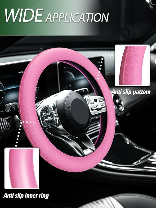 LRITER Car Steering Wheel Cover, Non-Slip Silicone Material, Multiple Color Choices, Universal Auto Parts Steering Wheel Cover, Suitable for Most Cars (Pink)