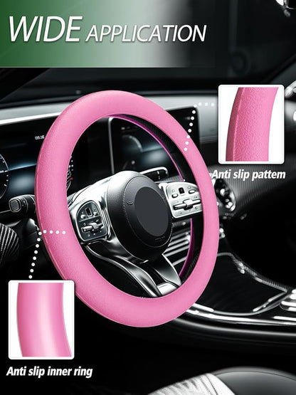 LRITER Car Steering Wheel Cover, Non-Slip Silicone Material, Multiple Color Choices, Universal Auto Parts Steering Wheel Cover, Suitable for Most Cars (Pink)