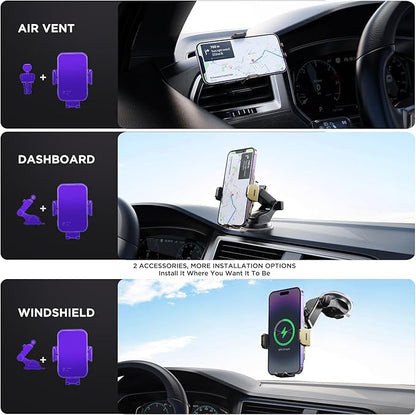 Wireless Car Charger,【7 Colored RGB Backlit】 15W Auto Clamping Phone Holders for Your Car for iPhone 16 15 14 13 12 Mini Pro Max 11 XR XS X, Samsung Galaxy S24 Ultra S23 S22 S21+ Note 20, etc - Gold