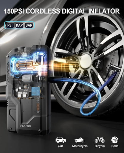 Jump Starter with Air Compressor, 5 in 1 Functional Jump Box 5500A Peak Power Pack with 150PSI Digital Tire Inflator, Portable Car Charger Jumper for 9.0L Gas or 7.5L Diesel