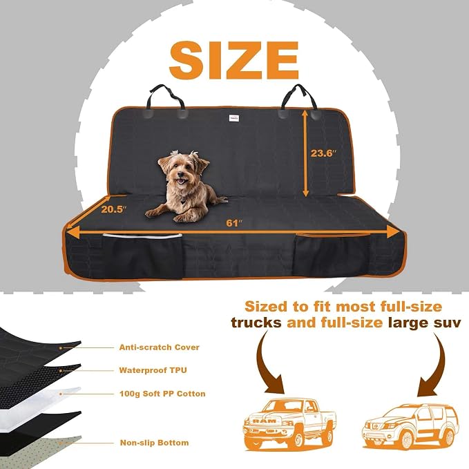 Reliadura Back Seat Cover for Dogs, Washable Bench Seat Covers for Trucks,Nonslip Truck Seat Cover Protector for F150/Ram1500/GMC Sierra/Toyota/Chevrolet Silverado,Car Seat Covers for Dogs