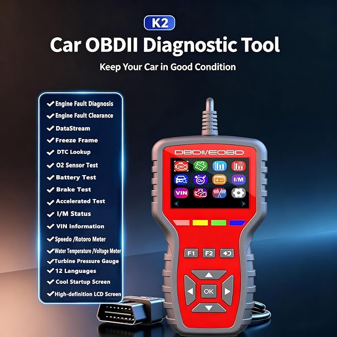 OBD2 Enhanced Scanner and Battery Tester 2-in-1, Car Code Reader and Engine Fault Diagnostic Tool for 1996+ OBDII Protocol Cars，red