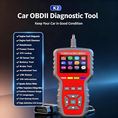 OBD2 Enhanced Scanner and Battery Tester 2-in-1, Car Code Reader and Engine Fault Diagnostic Tool for 1996+ OBDII Protocol Cars，red