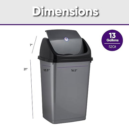 Superio Kitchen Trash Can 13 Gallon with Swing Lid, Plastic Tall Garbage Can Outdoor and Indoor, Large 52 Qt Recycle Bin and Waste Basket for Home, Office, Garage, Patio, Restaraunt (Grey/Black)