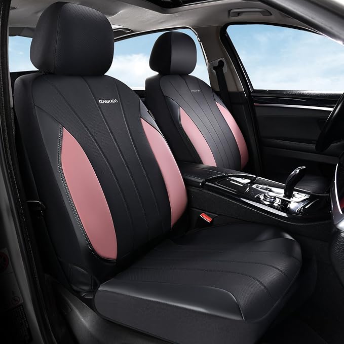 Coverado Automotive Car Seat Covers, Luxury Seat Covers Full Set, Leather Car Seat Protectors with Storage Bags, Pink Driver Seat Covers Universal Fit for SUVs Trucks Sedans