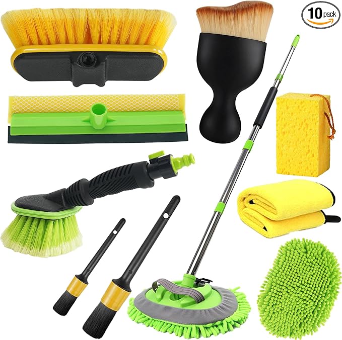 Car Detailing Kit Exterior, Car Wash Brush Kit with Long Handle 10pcs Set, Car Windshield Cleaner, Professional Car Care kits, Car Detailing Brush Set, Car Cleaning Drill Brush Kit with Extension Pole