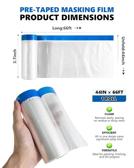 Pre-Taped Masking Film for Painting(1 Roll) - 44" x 66'Painters Plastic Sheeting with Tape and Drape, Painters Drop Cloth for Automotive & Home, Cover for Walls/Floors/Windows/Cars Protection