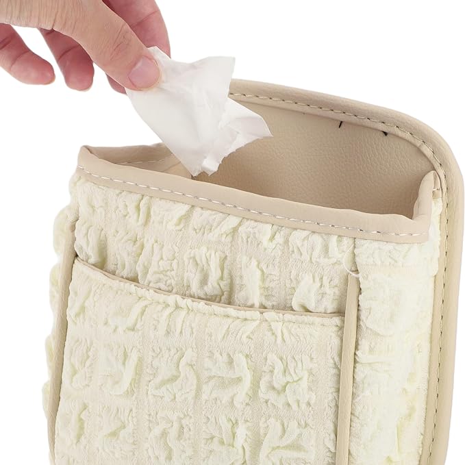 Car Trash Can Portable and Hanging 6.3" Length 3.9" Width 7.1" Height Trash Bin Fabric Beige White 1 Pcs