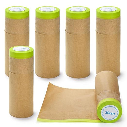 Jucoan 6 Rolls Pre-Taped Masking Paper for Painting, 12 Inch x 30 Feet Tape and Drape Automotive Painter Masking Paper for Car Wall Frame Floor