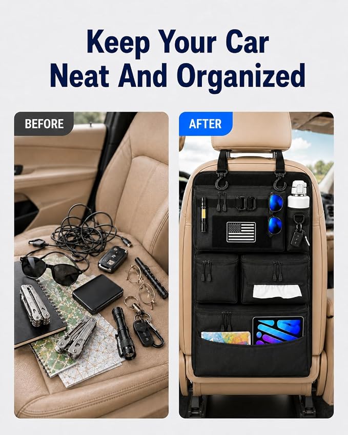 Backseat Car Organizer, Heavy Duty Tactical MOLLE Car Seat Back Organizer with 6 Pockets, 2 Sturdy Hooks, 2 D-Ring Clips, US Flag Patch & Hook Loop Panel, Universal Fit for Car SUV Truck Jeep Ford