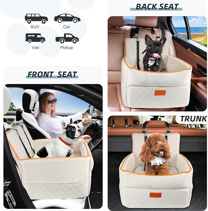 HEGGCOOE Dog Car Seat for Small Medium Dogs, Memory Foam Dog Booster Seats with Thick Cushion for Dogs Under 35lbs, Detachable Washable Pet Car Seat Travel Bed with Storage Pockets,2 Safety Belt