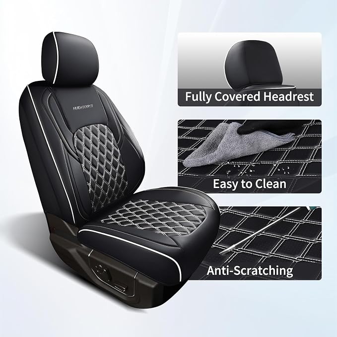 Huidasource Dodge Ram Seat Covers, Front & Rear Pickup Truck Leather Seat Cover Fit for 2009-2018 RAM 1500, 2010-2025 2500/3500 Crew Mega Cab, 2019-2025 RAM 1500 Classic only (Full Set/Black&White)