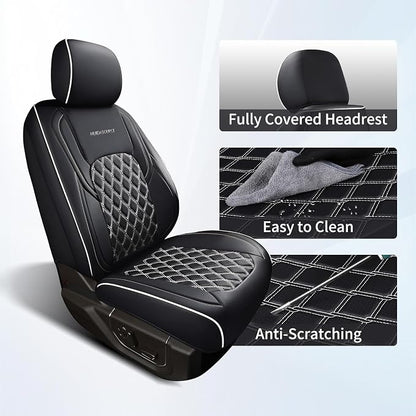 Huidasource Dodge Ram Seat Covers, Front & Rear Pickup Truck Leather Seat Cover Fit for 2009-2018 RAM 1500, 2010-2025 2500/3500 Crew Mega Cab, 2019-2025 RAM 1500 Classic only (Full Set/Black&White)