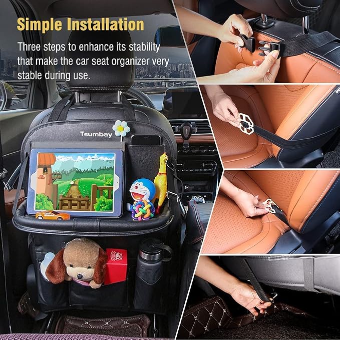 Tsumbay Car Backseat Organizer with Tablet Holder,9 Storage Pockets Foldable Table Tray Seat Back Protectors Kick Mats -PU Leather 1Pck