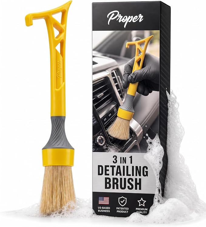 Boars Hair Detailing Brush, 3 in 1 Patent Pending in House Design from Proper. Detail Automotive Interior or Exterior, get Professional Results with Proper Detail Brushes Car Detailing